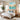 Dreamy hand painted aqua blue flower square oil painting hanging above a white upholstered bed frame in a soothing modern bedroom decor.